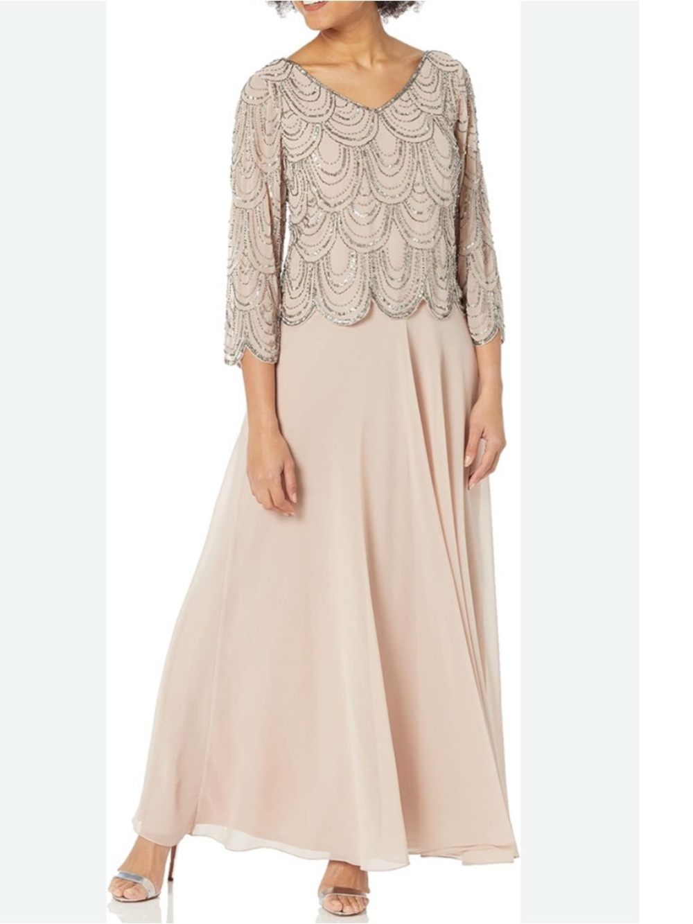 J Kara Champagne Sequin V-Neck Long Sleeve Evening Gown